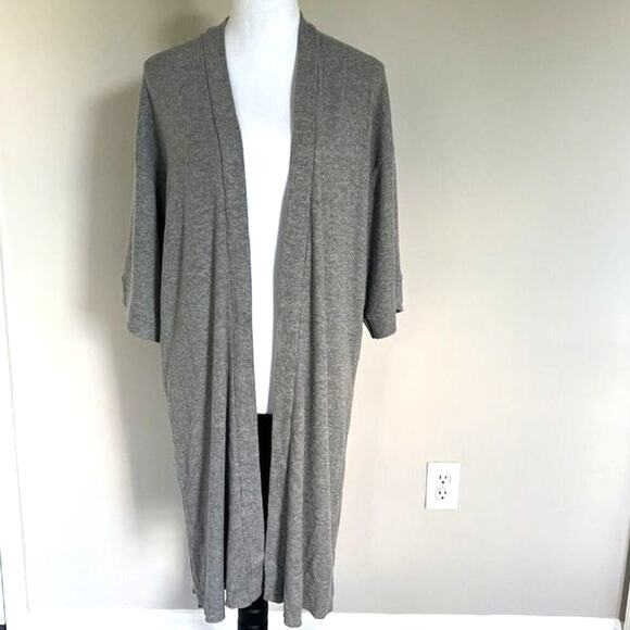 Gray Ribbed Knit Open Front Duster Cardigan Lightweight Cozy Everyday - Picture 1 of 5